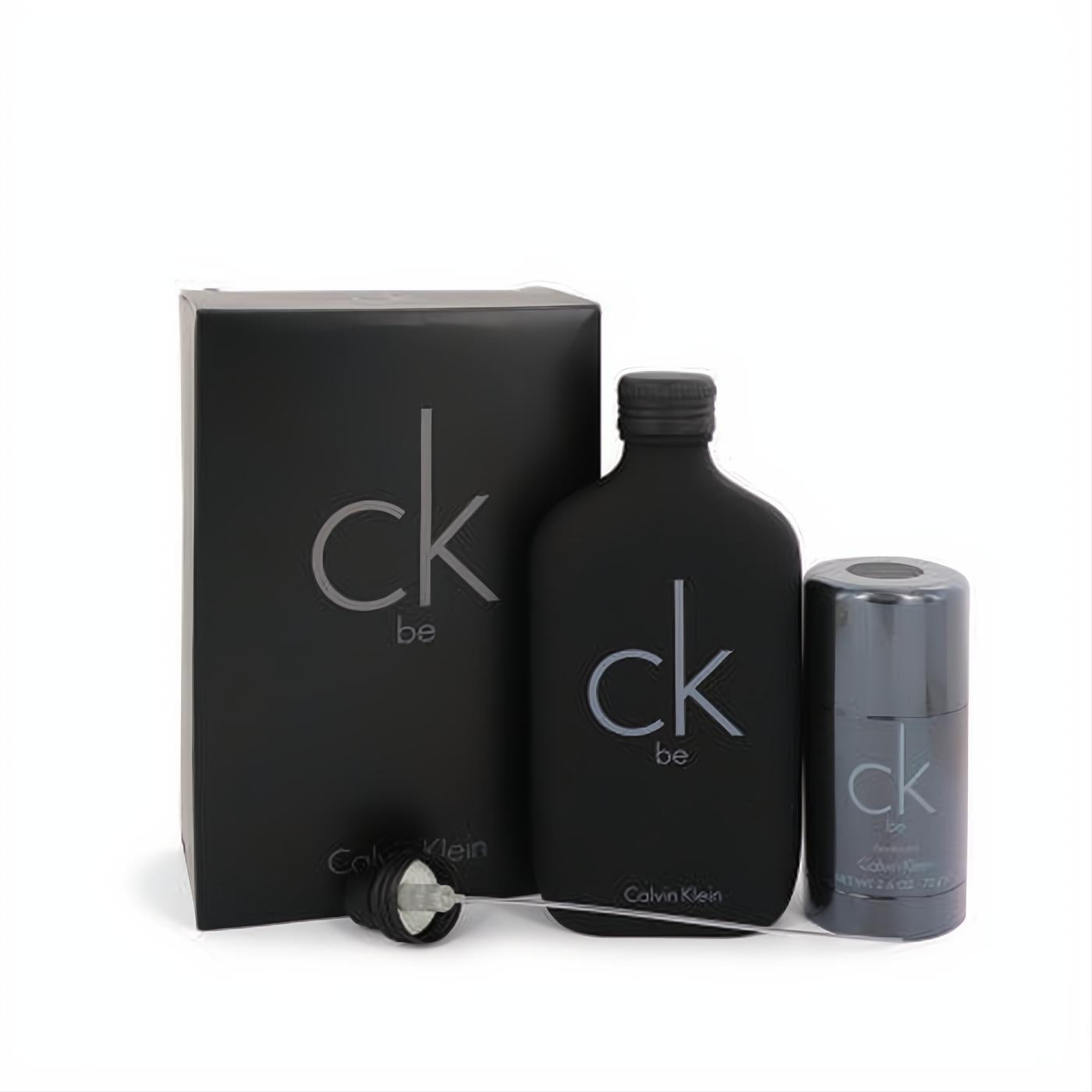 Stylish CK BE Calvin Klein unisex gift set: matte black 6.7oz EDT spray, 2.6oz deodorant stick, and matching box.