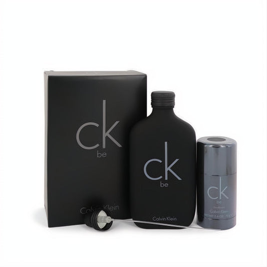 Stylish CK BE Calvin Klein unisex gift set: matte black 6.7oz EDT spray, 2.6oz deodorant stick, and matching box.