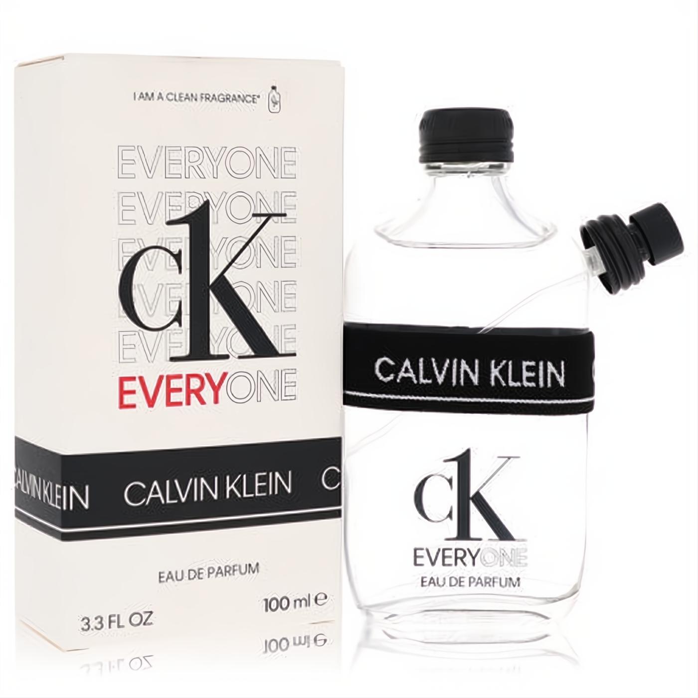 Iconic Calvin Klein CK Everyone Eau De Parfum 3.3 oz fragrance in a sleek clear bottle with black band and white box.