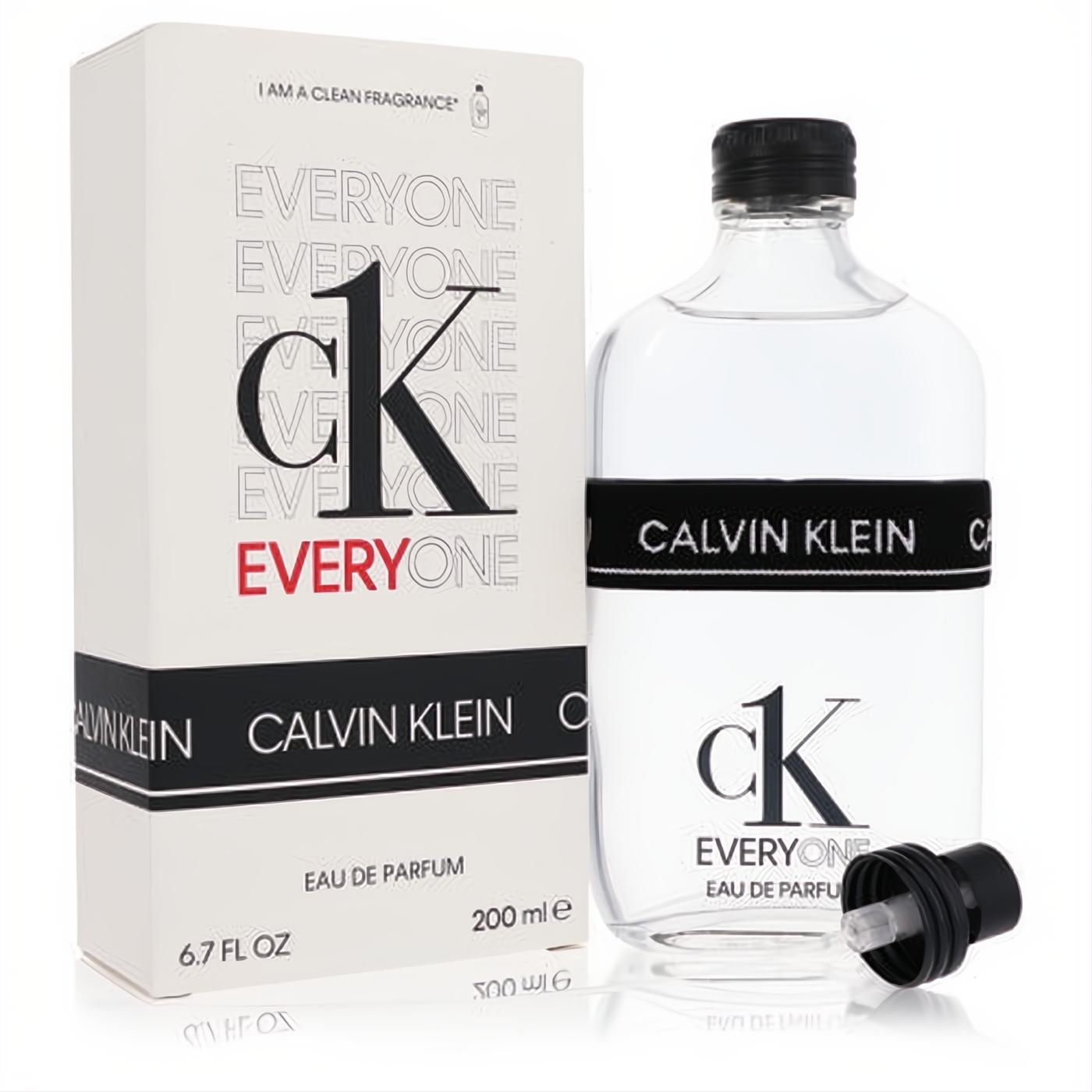 Fresh CK Everyone 6.7 oz unisex Eau de Parfum. Clear glass bottle with black band, cap, and sleek white box.