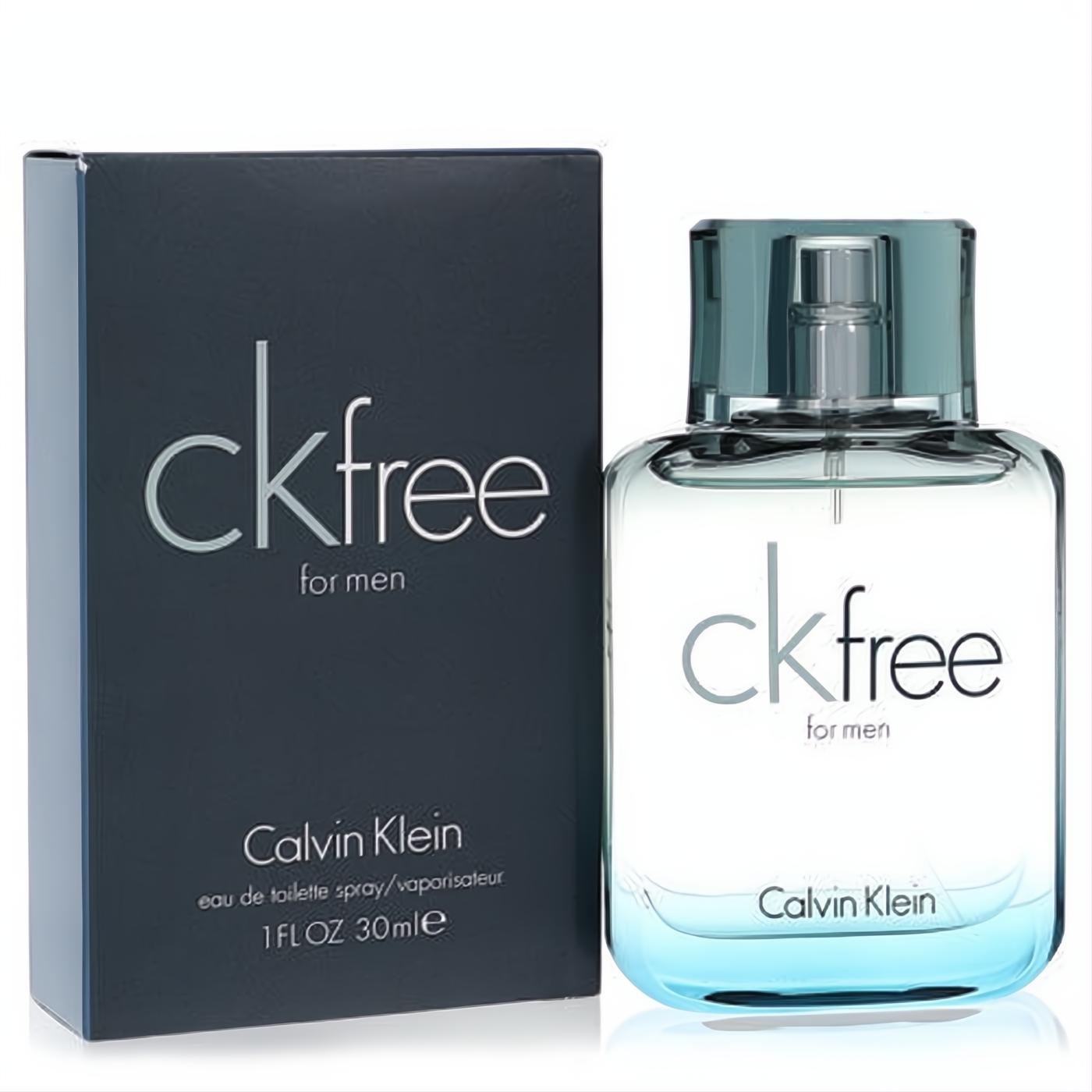 CK Free for Men 1 oz EDT spray: modern clear glass bottle with a cool blue gradient, presented with its sleek dark box.