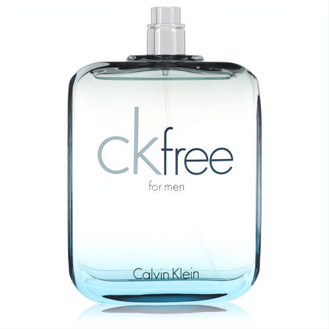 Sleek CK Free for Men 3.4 oz EDT spray. Clear glass bottle with a refreshing blue gradient liquid and polished silver cap.