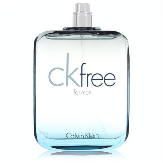 Sleek CK Free for Men 3.4 oz EDT spray. Clear glass bottle with a refreshing blue gradient liquid and polished silver cap.