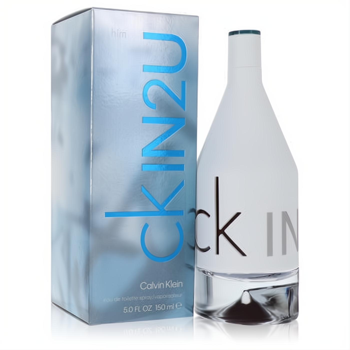 Modern CK IN2U Men's 5 oz EDT spray: sleek white bottle with clear base, green cap accent, and metallic blue box.