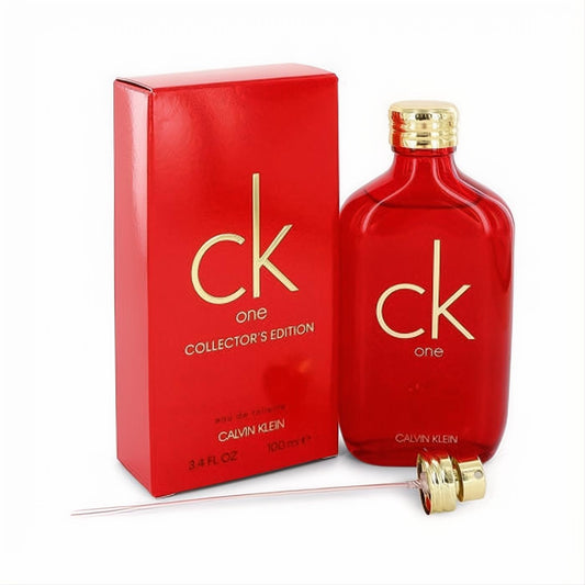 Vibrant red CK ONE Collector's Edition 3.4 oz unisex EDT spray bottle with gold cap and matching box.