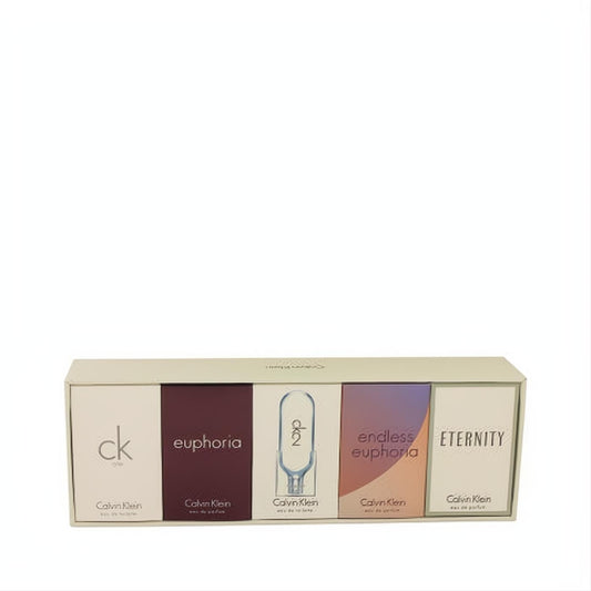 Calvin Klein Deluxe Fragrance Gift Set with 5 iconic mini perfumes: CK One, Euphoria, CK 2, Endless Euphoria, Eternity, in a sleek beige box.