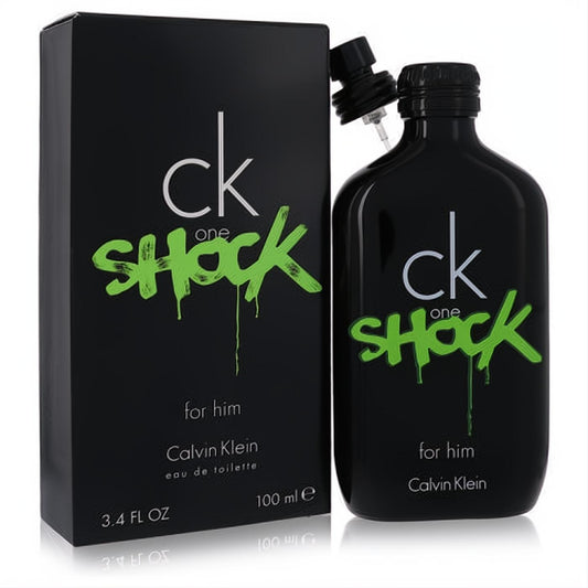 Calvin Klein CK One Shock for Him 3.4 oz EDT. Black bottle & box with vibrant neon green 'SHOCK' graffiti design.