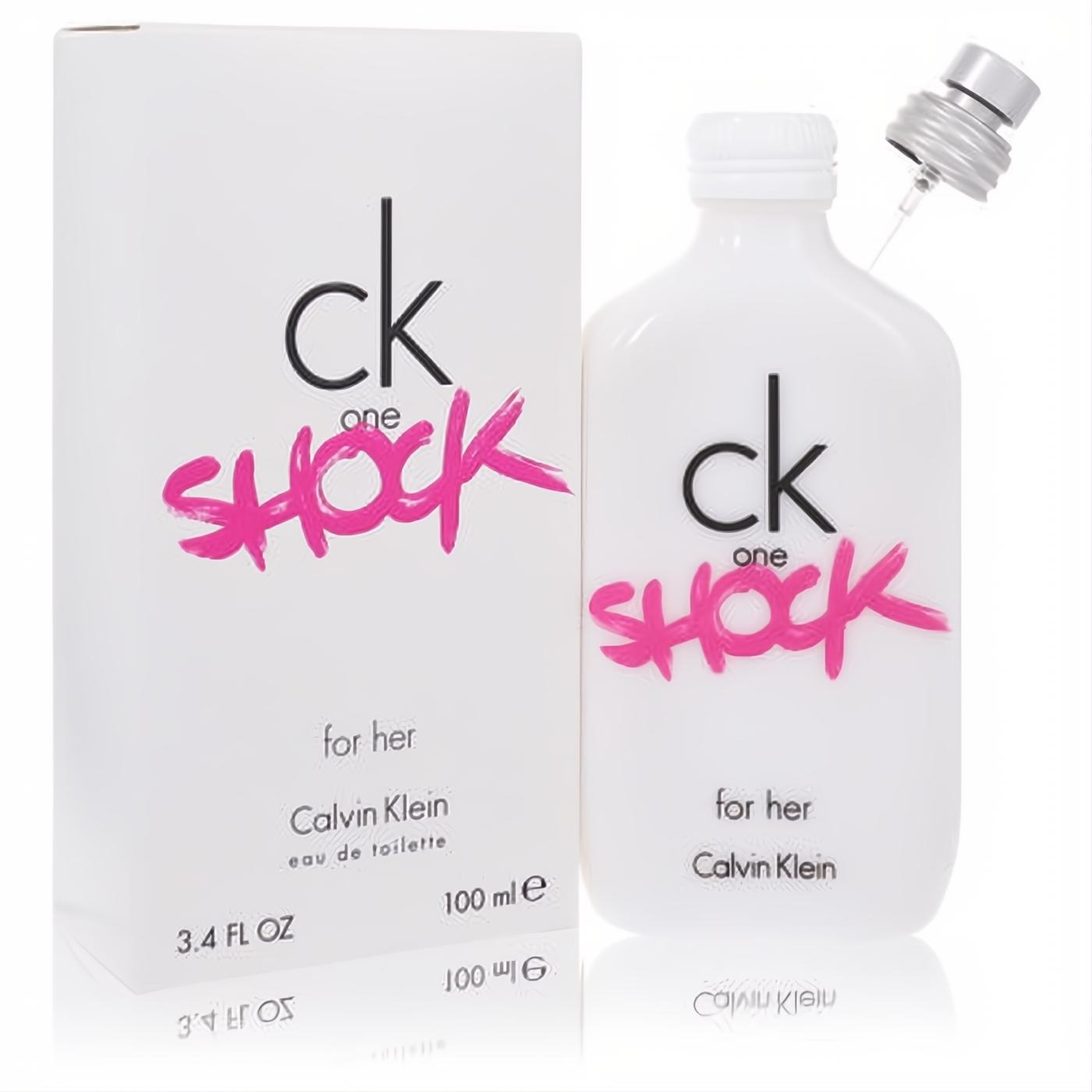 Experience CK One Shock for Her 3.4 oz EDT. Sleek white bottle and box with a vibrant pink "SHOCK" logo.