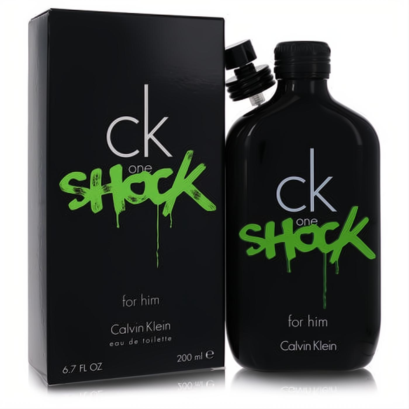 Unleash your edge with CK One Shock for Him 6.7 oz EDT. Bold black bottle & box, vibrant green graffiti design.