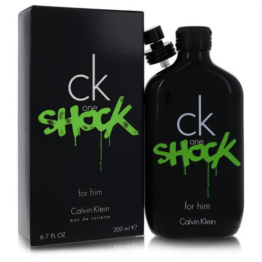 Unleash your edge with CK One Shock for Him 6.7 oz EDT. Bold black bottle & box, vibrant green graffiti design.