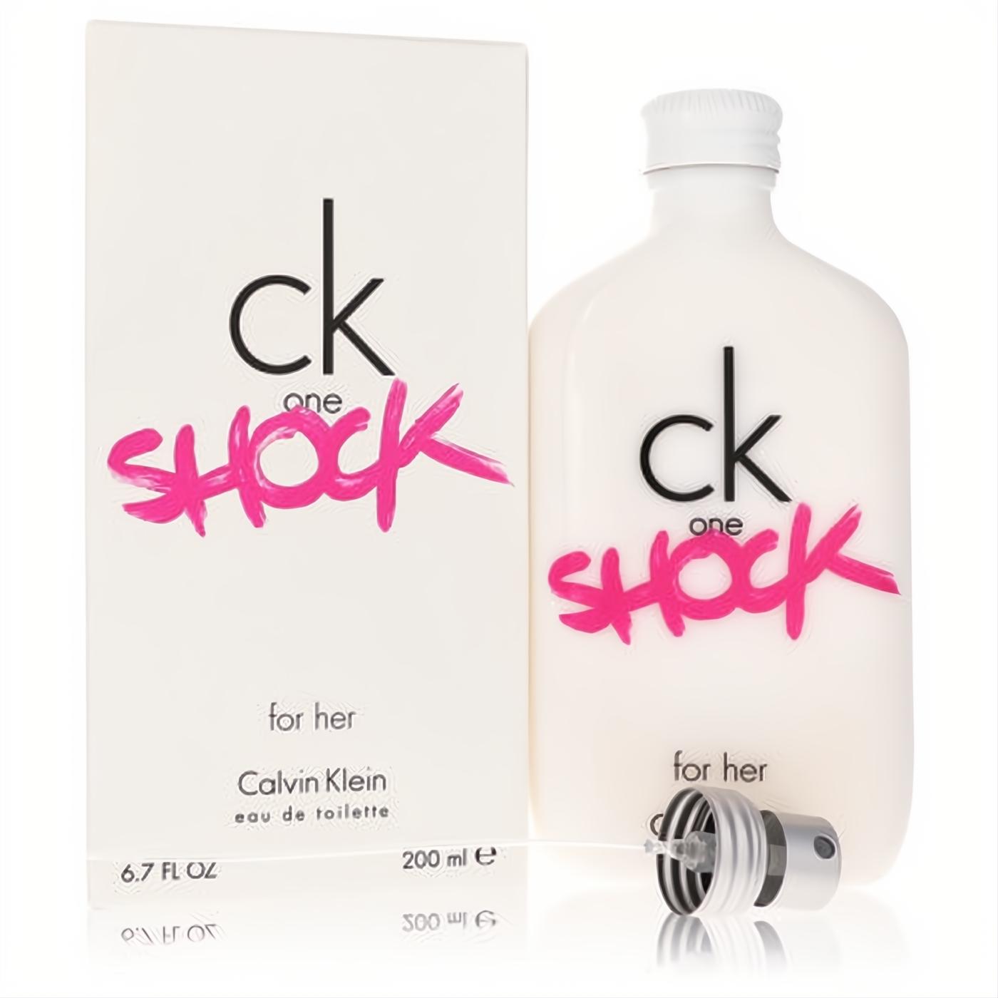 Calvin Klein CK One Shock for Her 6.7 oz EDT. Sleek white bottle with vibrant pink "SHOCK" logo, next to its matching box.