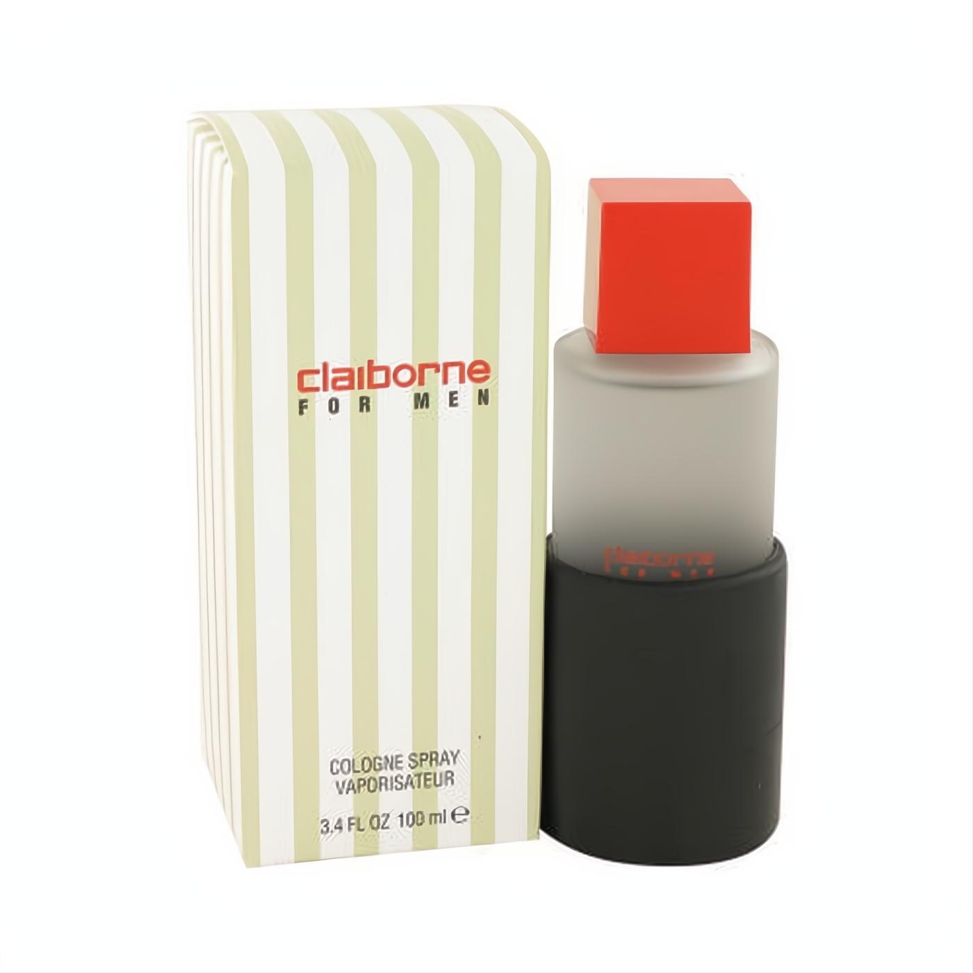 Claiborne For Men 3.4 oz cologne spray. White & green striped box, sleek frosted bottle with vibrant red cap.