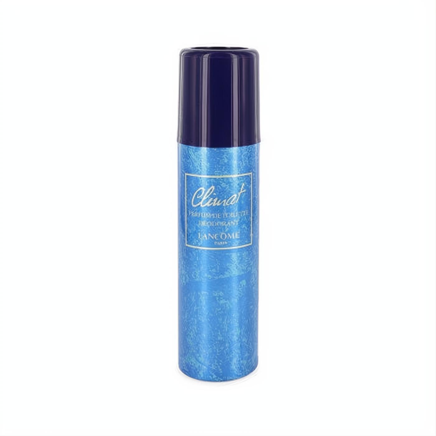 Luxurious Lancome Climat 5 oz deodorant spray. Vibrant blue can, sleek navy cap, and elegant gold label.