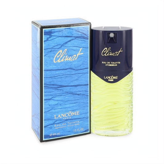 Luxurious Lancome Climat Eau De Toilette 1.5 oz spray. Elegant clear ribbed glass bottle with dark blue cap and matching iconic blue wave box.