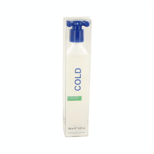 Benetton Cold 3.3 oz unisex EDT spray. Sleek white bottle, signature blue T-cap, visible in clear retail packaging.