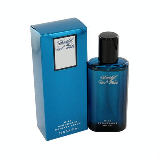 Iconic Davidoff Cool Water 2.5 oz blue glass deodorant spray with sleek black cap and shimmering metallic blue box.