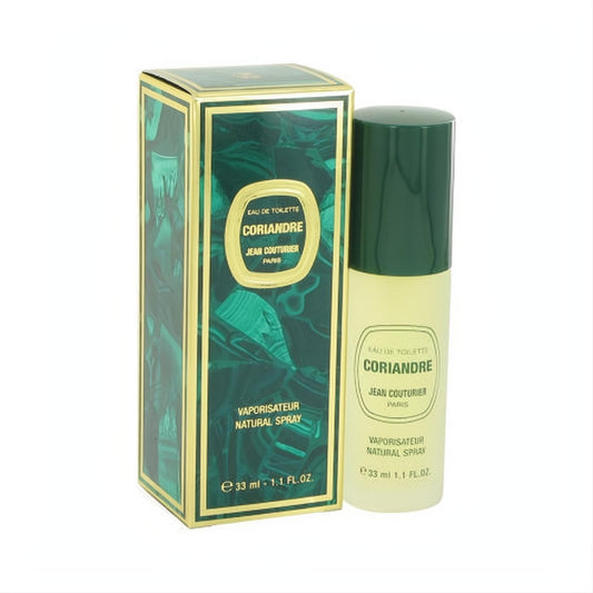 Luxurious Coriandre Jean Couturier 1.1 oz EDT spray, presented in a rich green malachite box and elegant frosted glass bottle.