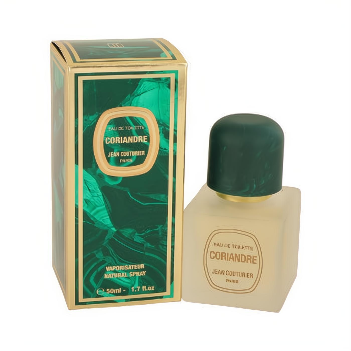 Coriandre by Jean Couturier 1.7 oz EDT spray. Rich green and gold box, frosted glass bottle with a dark green cap.