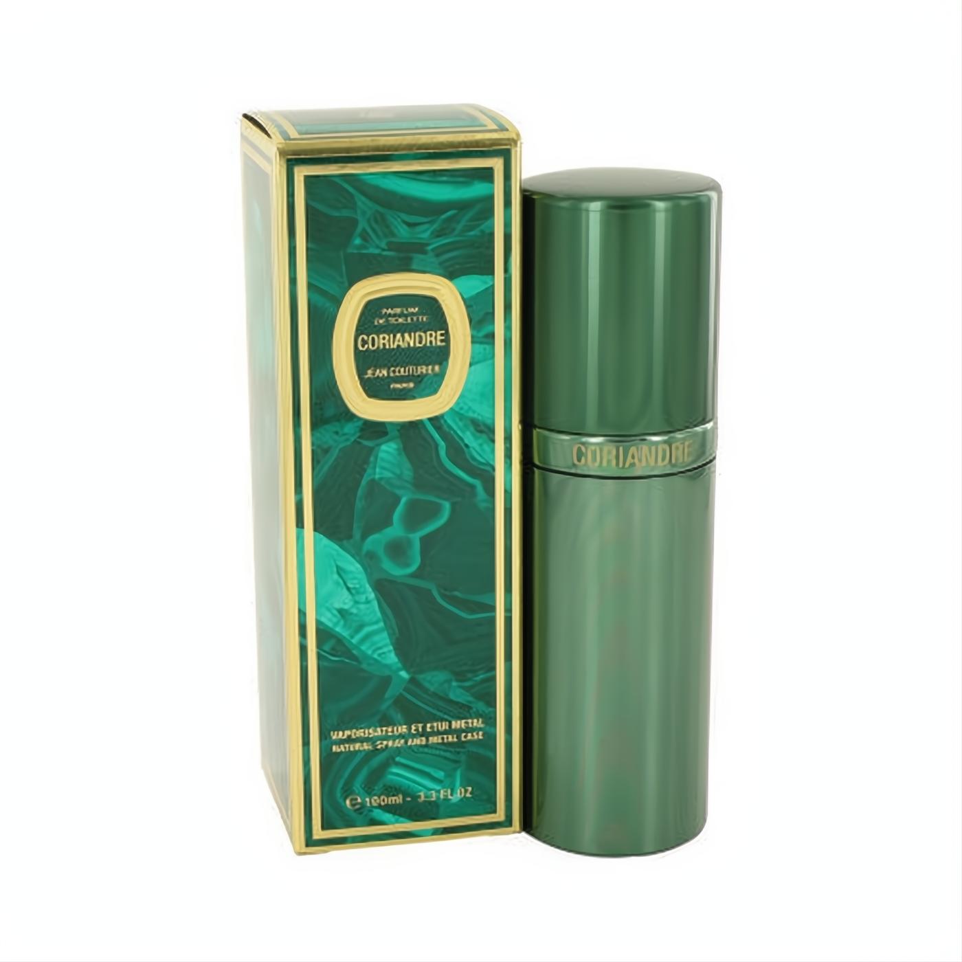 Luxurious CORIANDRE by Jean Couturier 3.4 oz deep green metal Parfum De Toilette spray and elegant gold-trimmed box.