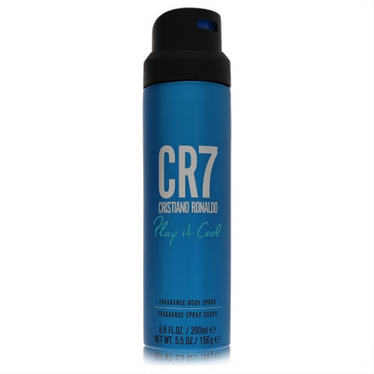 Dynamic blue CR7 Play It Cool by Cristiano Ronaldo 6.8 oz body spray can with bold white logo and sleek black cap.