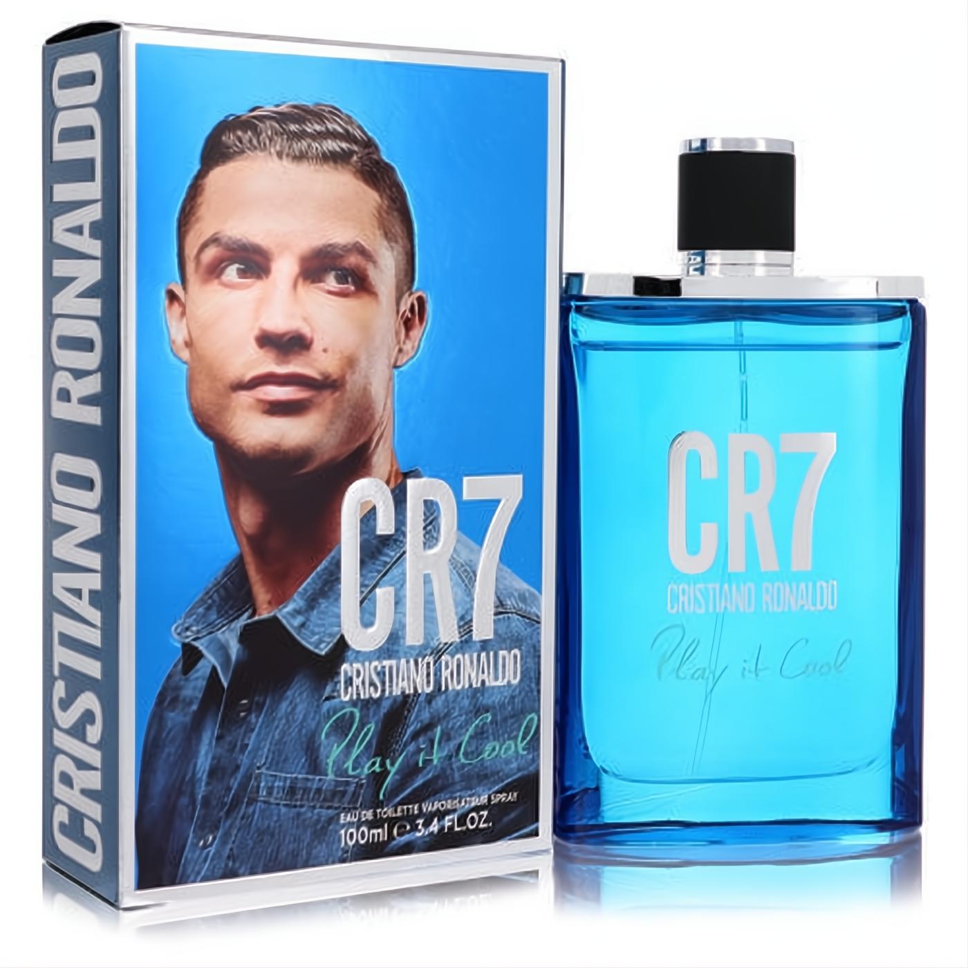 Energizing CR7 Play It Cool 3.4 oz men's EDT in a sleek blue bottle, with its box featuring Cristiano Ronaldo.