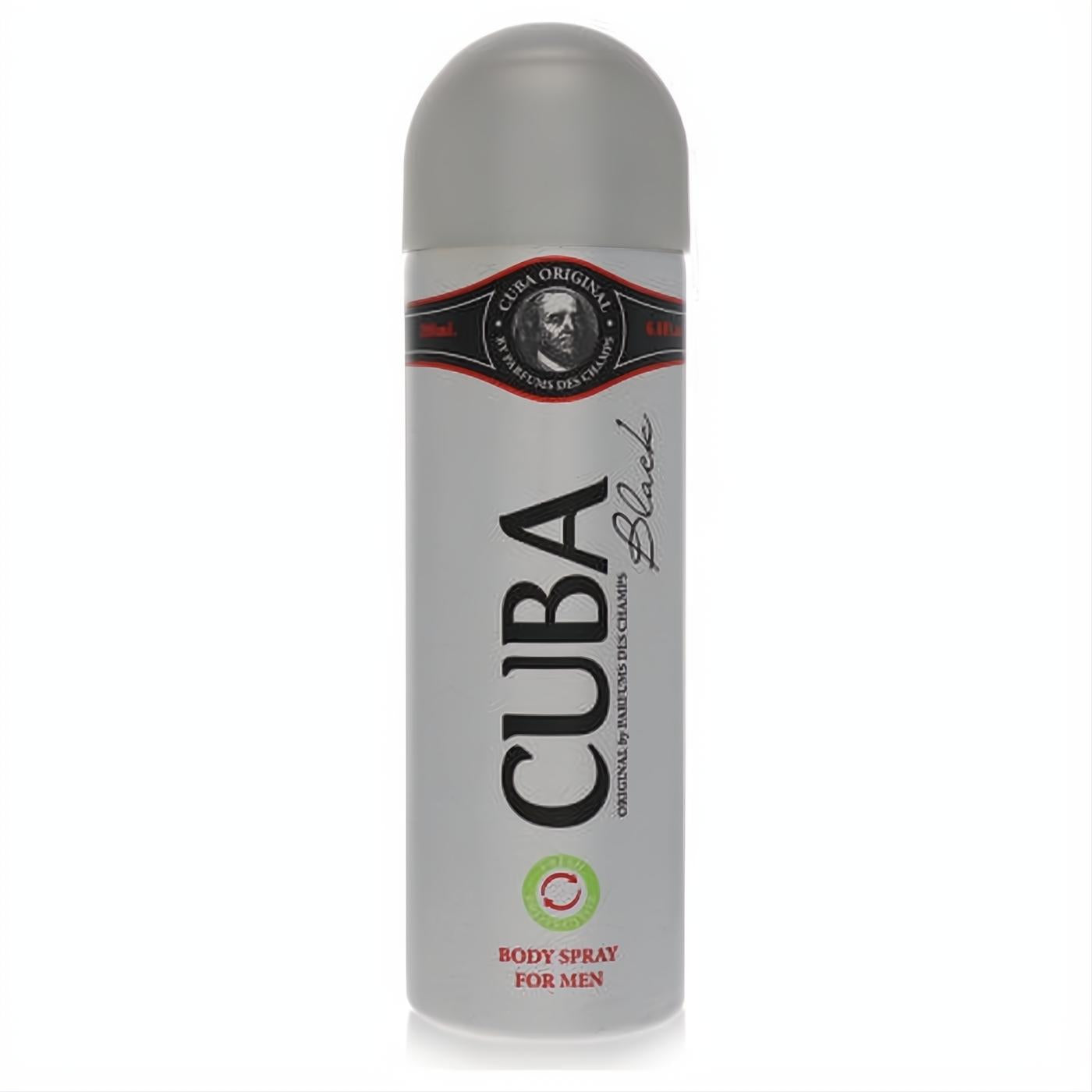 CUBA Black 6.6 oz men's body spray in a sleek silver aerosol can with a grey cap, featuring bold branding.