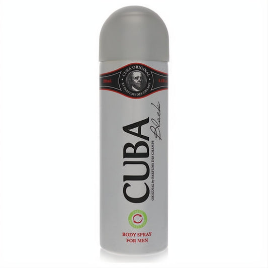 CUBA Black 6.6 oz men's body spray in a sleek silver aerosol can with a grey cap, featuring bold branding.