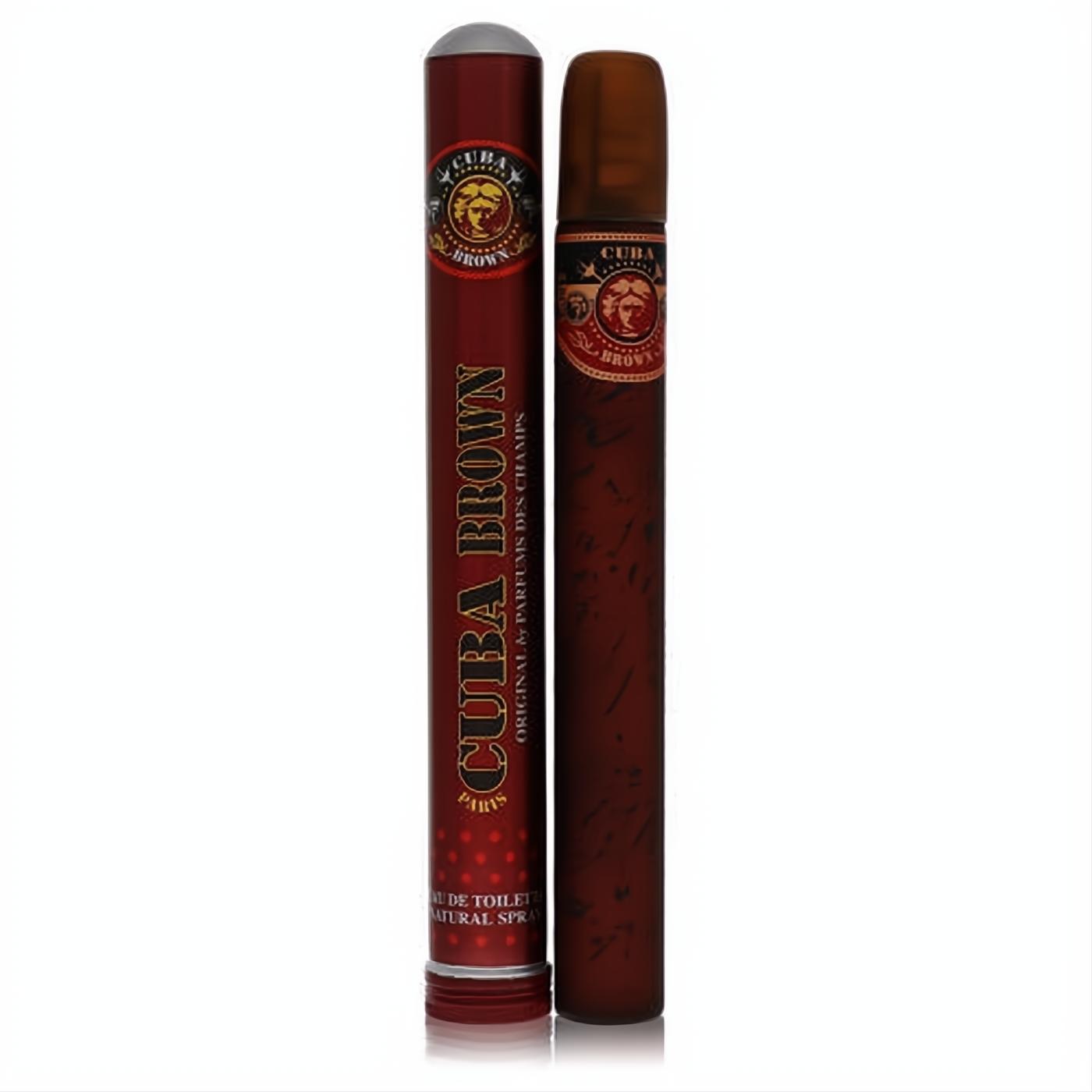 CUBA Brown men's Eau De Toilette. Bold dark brown cigar-style spray bottle and matching cylindrical tin case.