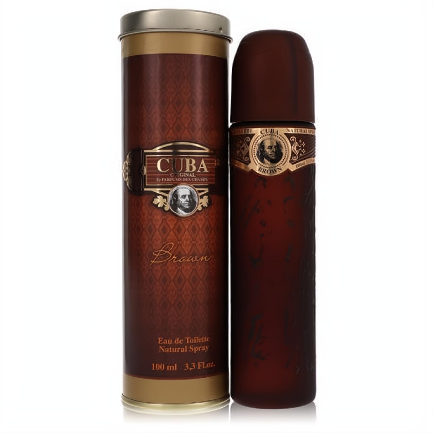 Sophisticated CUBA Brown Eau De Toilette for men, 3.4 oz. Features a bold cigar-shaped brown bottle and elegant matching tin.