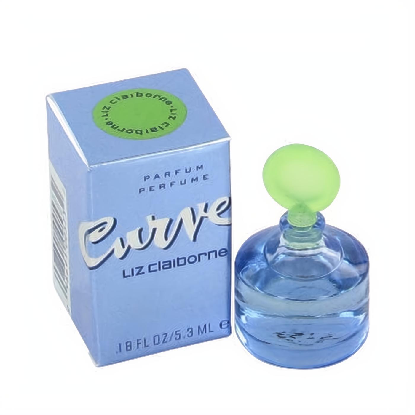 Curve Liz Claiborne .18 oz mini EDP. This refreshing blue glass bottle with a vibrant green cap sits next to its chic blue box.