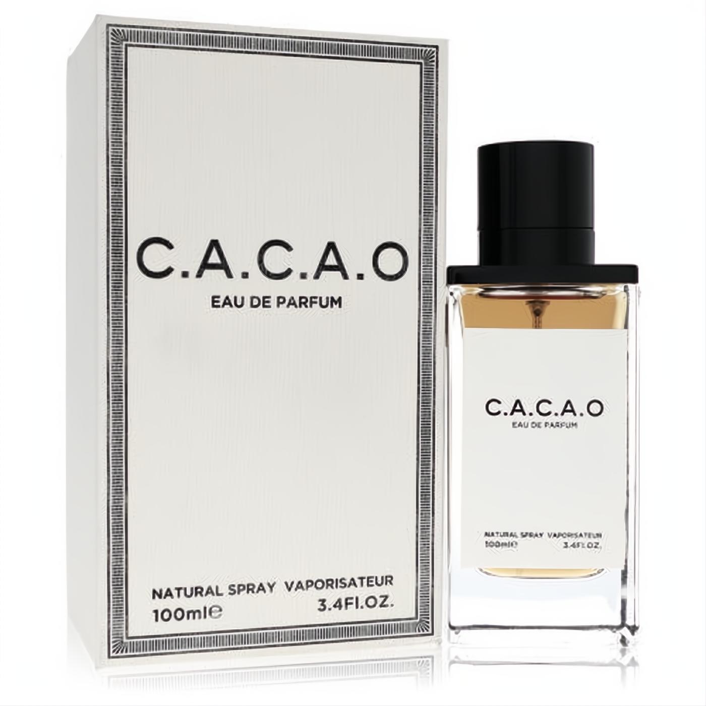 Luxurious C.A.C.A.O. Eau De Parfum 3.4 oz. Clear glass bottle with black cap, golden liquid, and sleek white box.