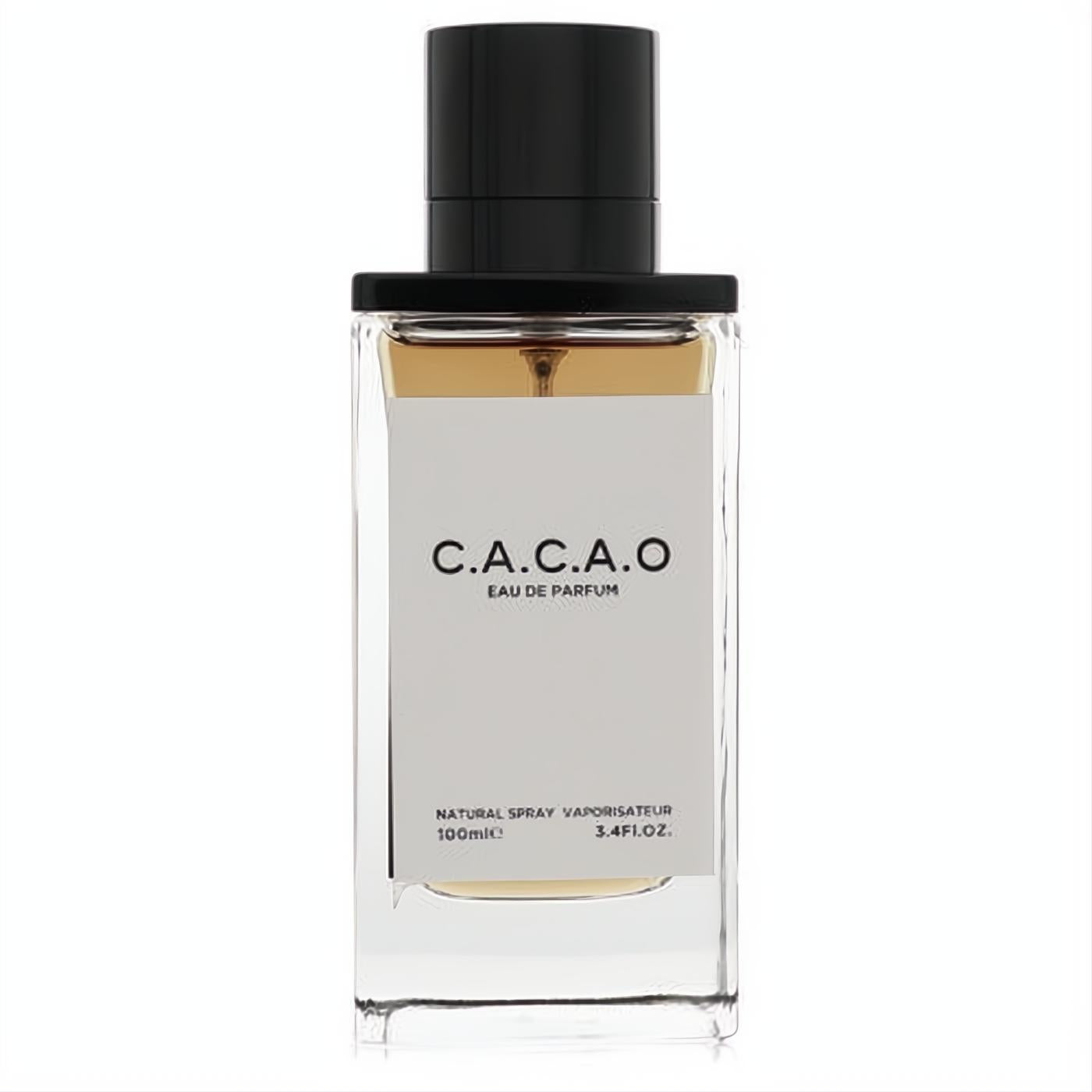Sophisticated C.A.C.A.O. Eau De Parfum 3.4oz in a clear rectangular bottle with warm amber liquid and a sleek black cap.