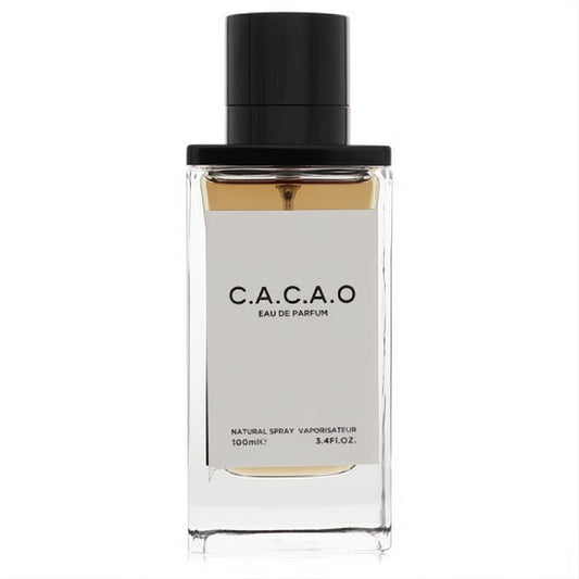 Sophisticated C.A.C.A.O. Eau De Parfum 3.4oz in a clear rectangular bottle with warm amber liquid and a sleek black cap.