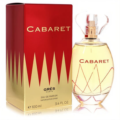 Cabaret by Parfums Gres 3.4 oz EDP. Elegant clear oval bottle with gold sprayer, unique cap, and red design, next to its vibrant red-gold box.