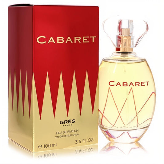 Cabaret by Parfums Gres 3.4 oz EDP. Elegant clear oval bottle with gold sprayer, unique cap, and red design, next to its vibrant red-gold box.