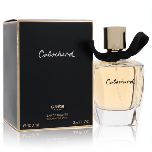 Sophisticated Cabochard by Parfums Gres 3.4 oz EDT spray. Elegant clear bottle with gold cap, black ribbon, and chic black box.