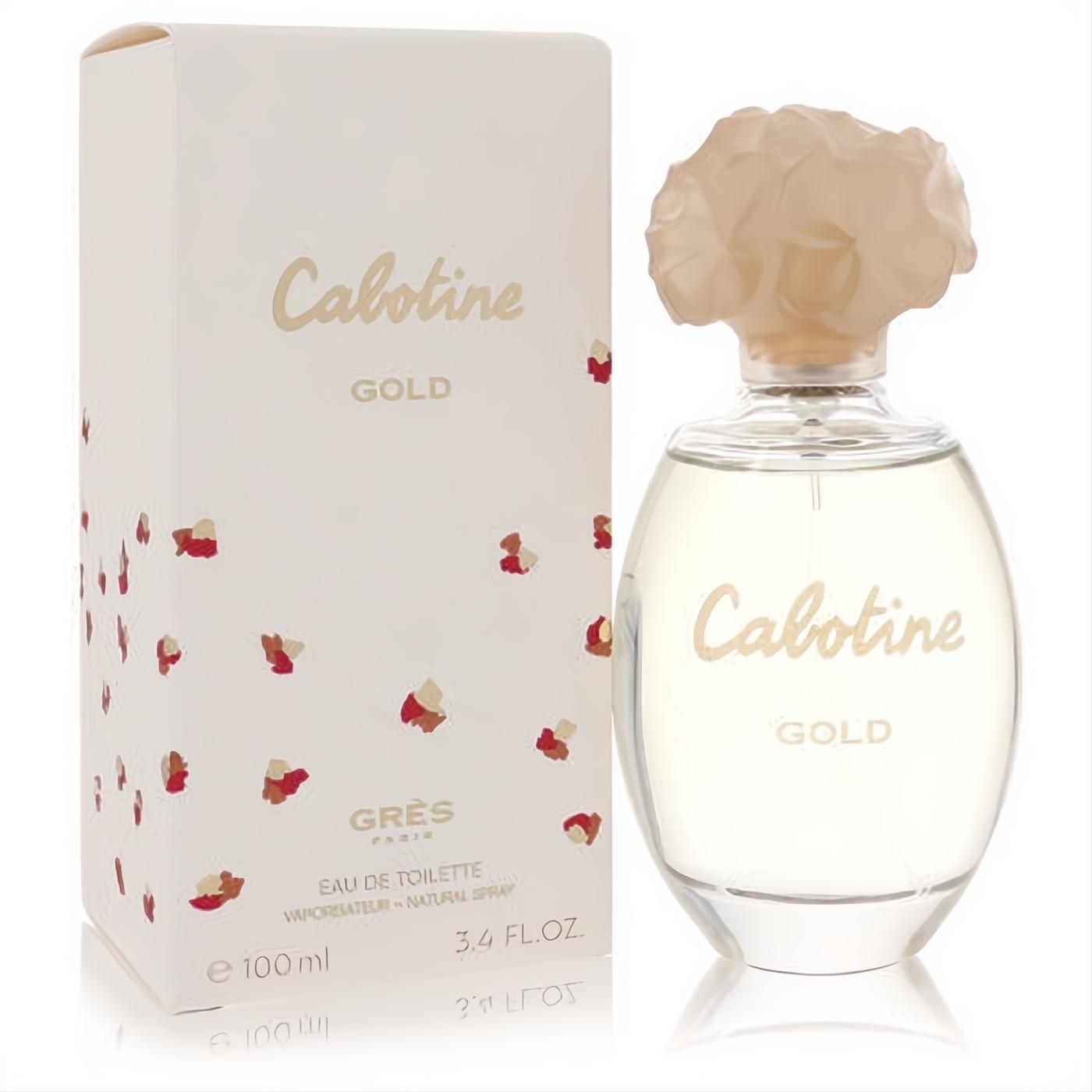 Cabotine Gold 3.4 oz EDT spray. Clear glass bottle with a sculpted peach floral cap and elegant cream box with gold details.
