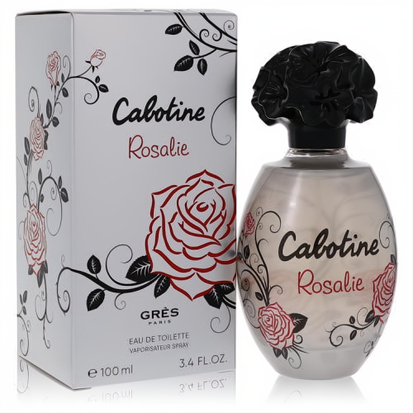 Cabotine Rosalie 3.4 oz women's EDT spray bottle & box, featuring elegant black & red rose design with an iconic black rose cap.