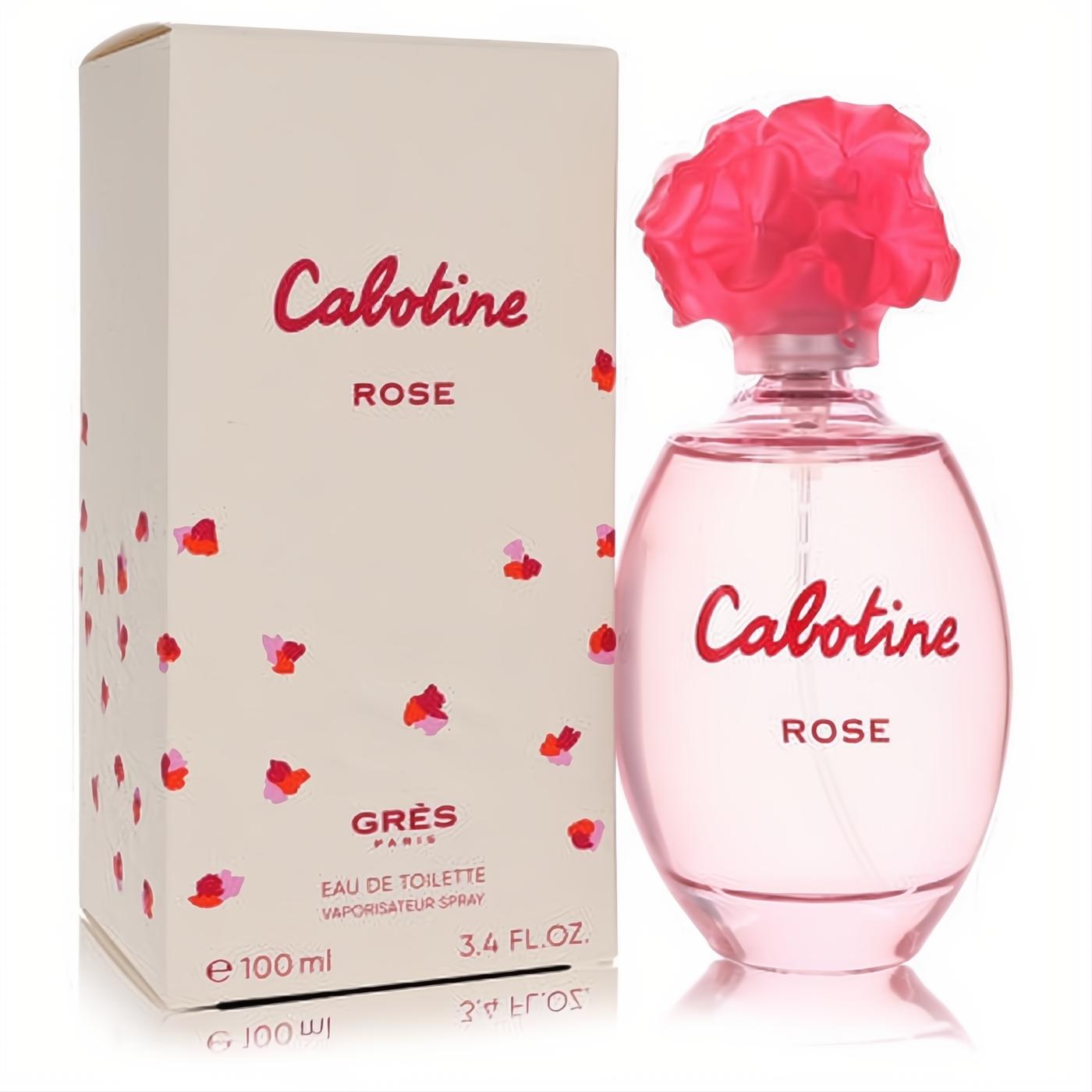 Elegant Cabotine Rose 3.4 oz women's EDT spray in a clear pink bottle with a stunning pink rose cap, beside its charming floral box.