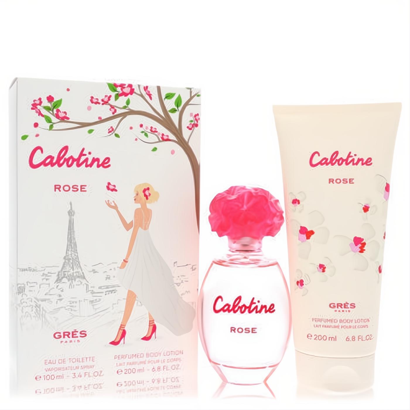 Exquisite Cabotine Rose by Parfums Gres gift set: 3.4 oz EDT, 6.7 oz body lotion. Pink floral box, clear bottle with vibrant pink rose cap.