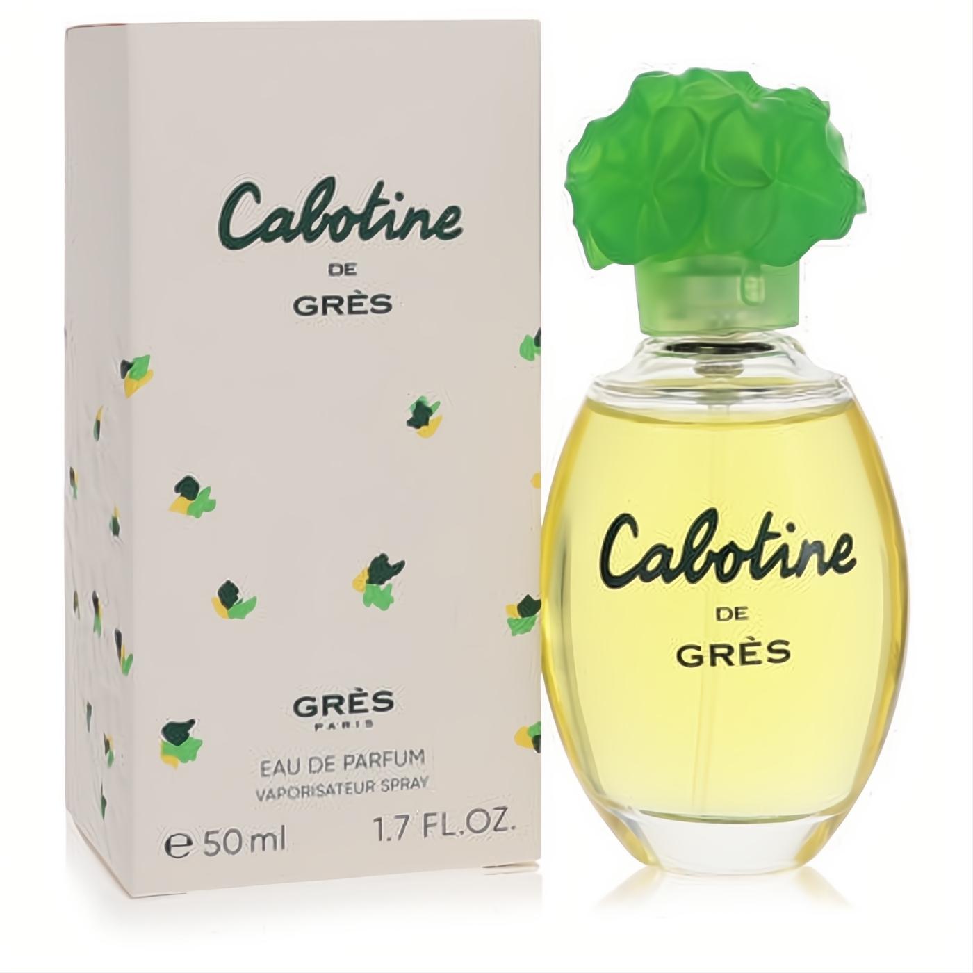 Cabotine de Grès 1.7 oz Eau De Parfum spray bottle with a vibrant green floral cap and elegant white box.