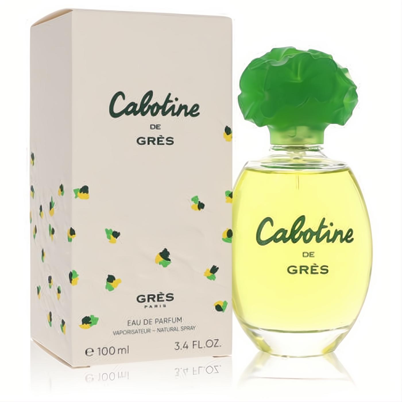 Experience Cabotine de Grès 3.4 oz EDP spray. Elegant clear bottle, vibrant yellow fragrance, and iconic green floral cap.