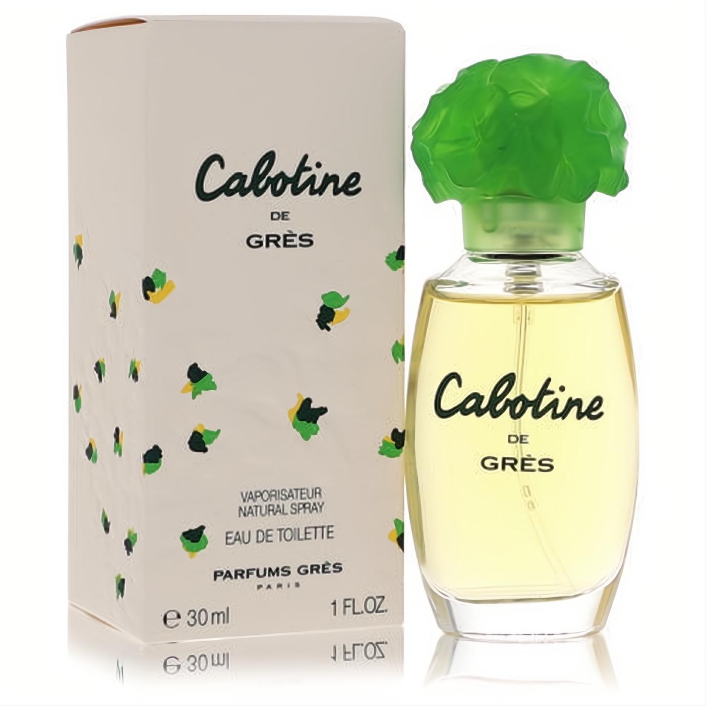 Cabotine de Grès 1 oz EDT spray. Clear bottle with golden liquid, vibrant green floral cap. Matching white box with playful leaf accents.