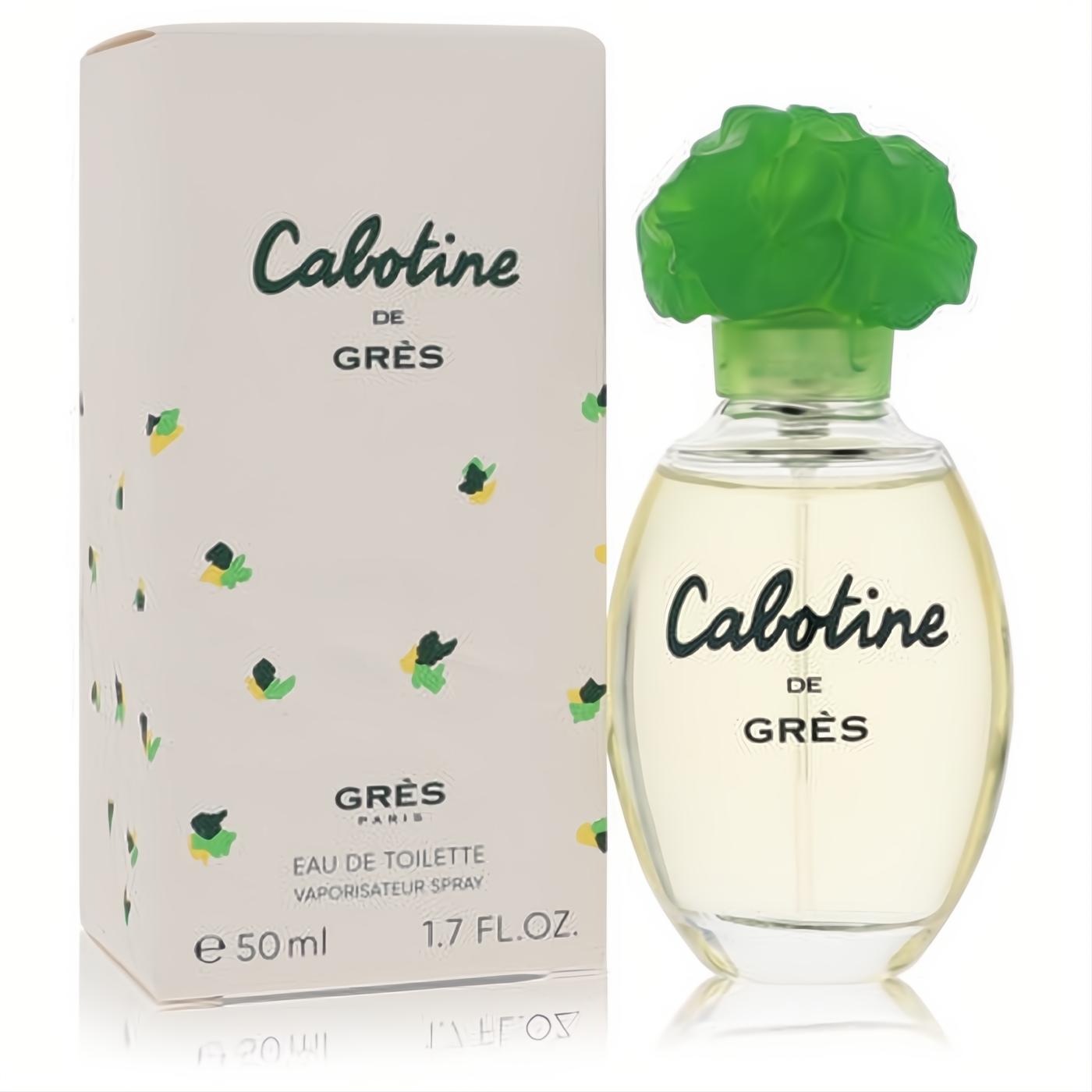 Cabotine de Grès 1.7 oz EDT spray: clear glass bottle with a distinctive green floral cap, presented with its elegant, patterned box.