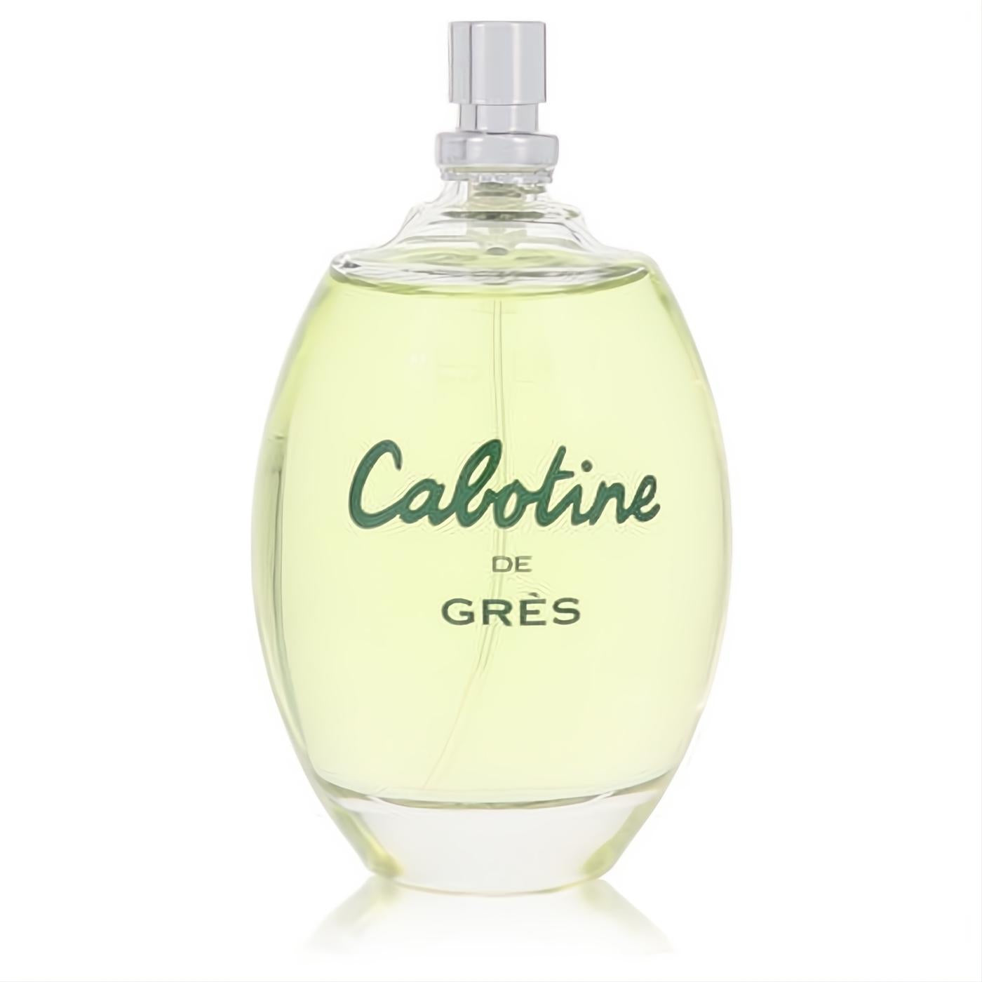 Elegant Cabotine de Gres 3.4 oz women's EDT tester. Clear glass bottle with refreshing light green fragrance and chic green script.
