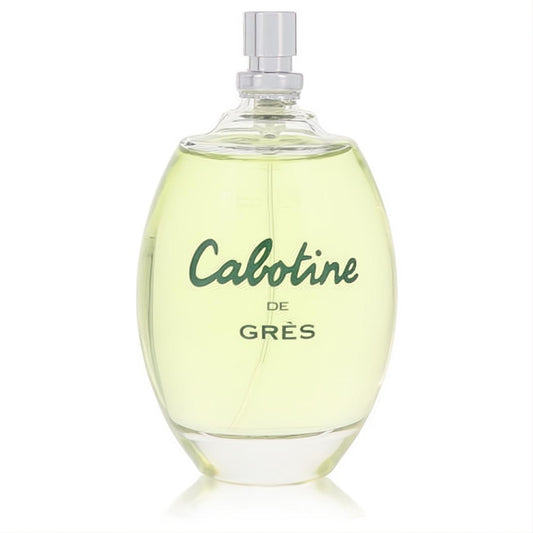 Elegant Cabotine de Gres 3.4 oz women's EDT tester. Clear glass bottle with refreshing light green fragrance and chic green script.