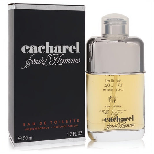 Cacharel Pour L'Homme 1.7 oz men's EDT spray. Elegant clear glass bottle with amber liquid, sleek silver cap, and matte black box.