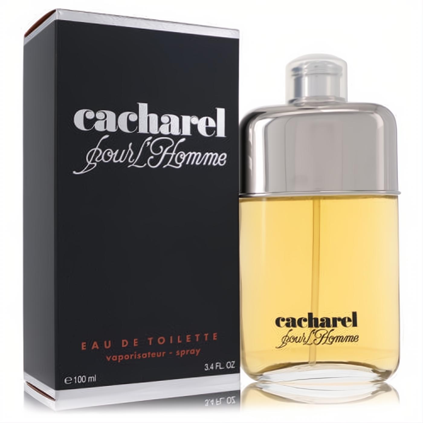 Elevate your style with Cacharel Pour L'Homme 3.4 oz Eau De Toilette spray. Amber liquid in a sleek glass bottle, presented with a sophisticated black box.