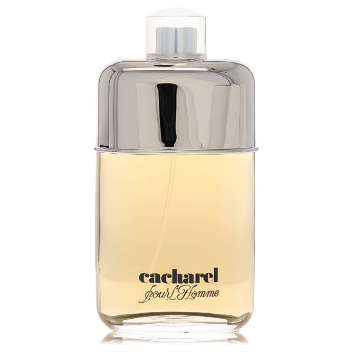 Sophisticated men's Cacharel Pour L'Homme EDT in a clear glass bottle with a sleek silver cap and light amber fragrance.