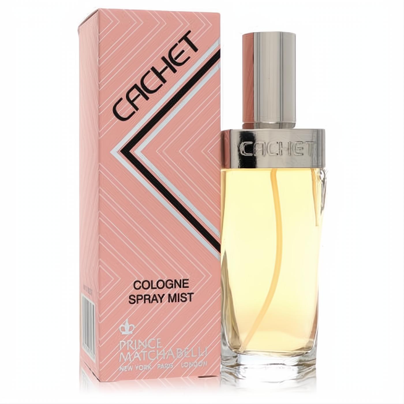 Cachet by Prince Matchabelli 3.2 oz cologne spray mist. Clear glass bottle, silver cap, and elegant pink chevron box.